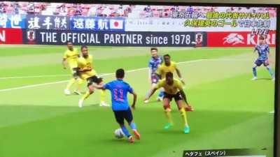 A Japanese soccer player nutmegged(ball passing between the legs) four players to score a goal