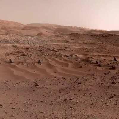 Mars' surface from the Curiosity rover. Wind noises were recorded by the InSight Lander.