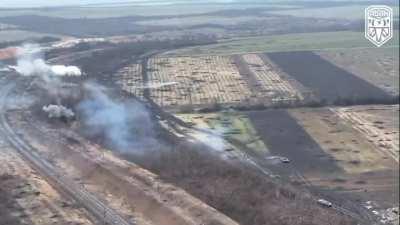 A video showing Ukrainian armored vehicles of various types firing at enemy positions under UAV correction. Bakhmut direction.