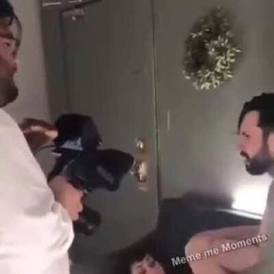 Camera guy feeds porn actor a donut during the filming of a scene