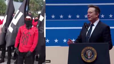 Side by side comparison between elon nazi salute at inauguration ceremony & nazis at a nazi rally