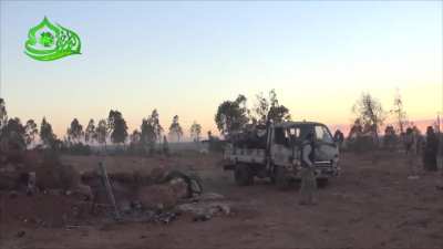 Opposition technicals harassing Syrian Army positions in Umm al-Mayadin, Daraa with high-caliber tracer fire - 10/20/2014