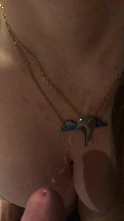 My girlfriend’s bull cumming on her tits and key to my chastity cage 💦🔑