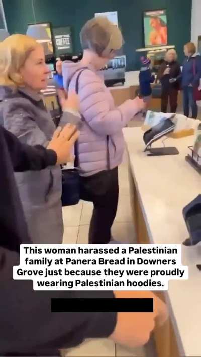 Elderly woman attacks Palestinian woman & her husband at Panera Bread in Downers Grove, IL. - because they were wearing pro-Palestine clothing