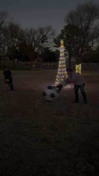Dads making sure the toddlers can play giant soccer too!