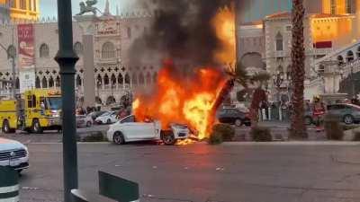 Man pulled from burning car on Las Vegas strip only moments before it burst into flames