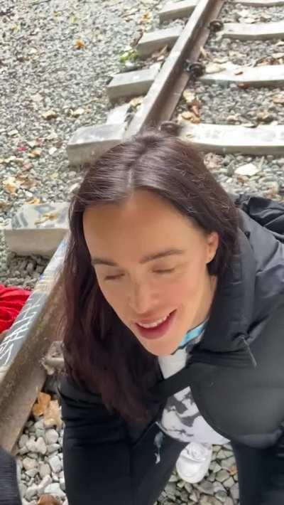 I wiped his cum spray on the train track lol [GIF]