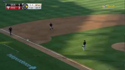 Bryce Harper lays down a beautiful bunt to beat the shift for his first knock of the season.