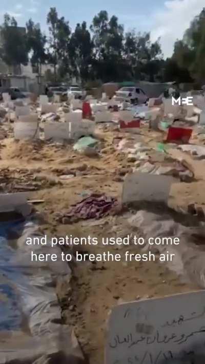 A Palestinian man documented how the park of Gaza City’s al-Shifa hospital has been turned into a graveyard where many unidentified victims from Israeli attacks on Gaza are buried.
