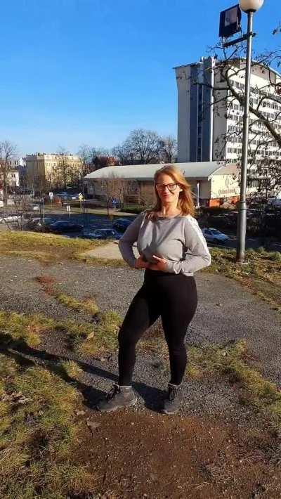 Simply put, a modest girl with less modest big boobs on a walk. Heh