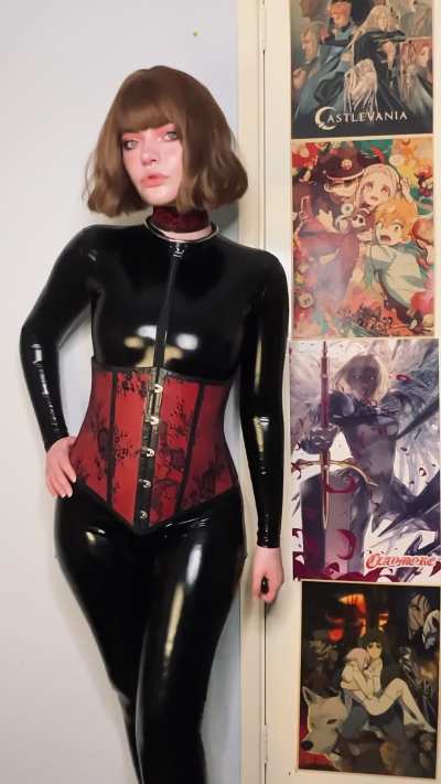 My latex corset with matching choker, I love the lace details 