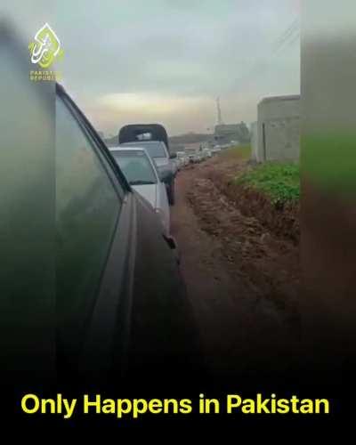 In a traffic blockage, a guys takes turn to go home, all other guys follow him.