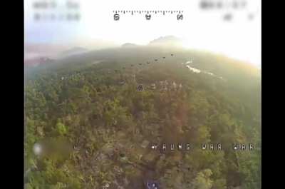 PDF FPV drone operating against Myanmar Army at the Anan Kwin Strategic Military Camp, near Anan Kwin Village, Kyain Seikgyi District, Karen State on 16th November 2024, but it seemingly gets jammed or loses connection. (warning, loud/obnoxious audio)
