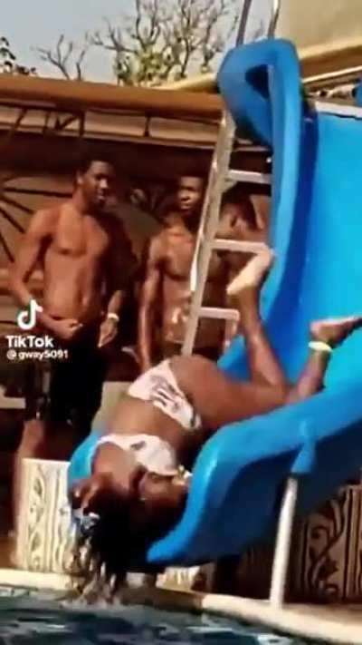 Well, the slide was same color as water. I guess it confused her.