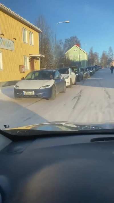 The line to this Tesla charging station in Sweden.