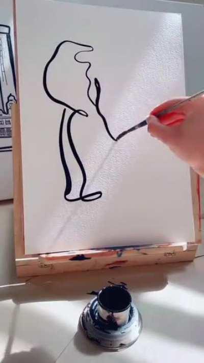 Single line painting of an elephant with varied stroke pressure.