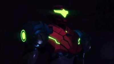 Metroid Dread: Samus in an Elevator.