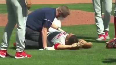 Baseball player takes 105 MPH hit in the balls