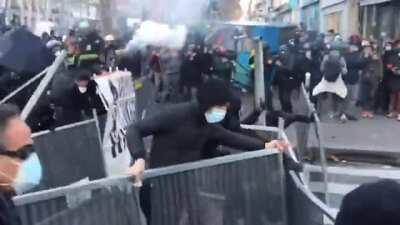 Compilation of today protests in Paris against the Global Security bill - The new article would amend current legislation to make it an offense to show the face or identity of any officer on duty 