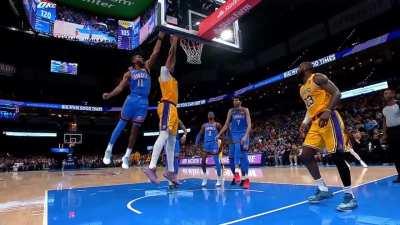 [Highlight] LeBron sets up AD for an open dunk; AD gets blocked by Isaiah Joe. LeBron puts his hands on his knees