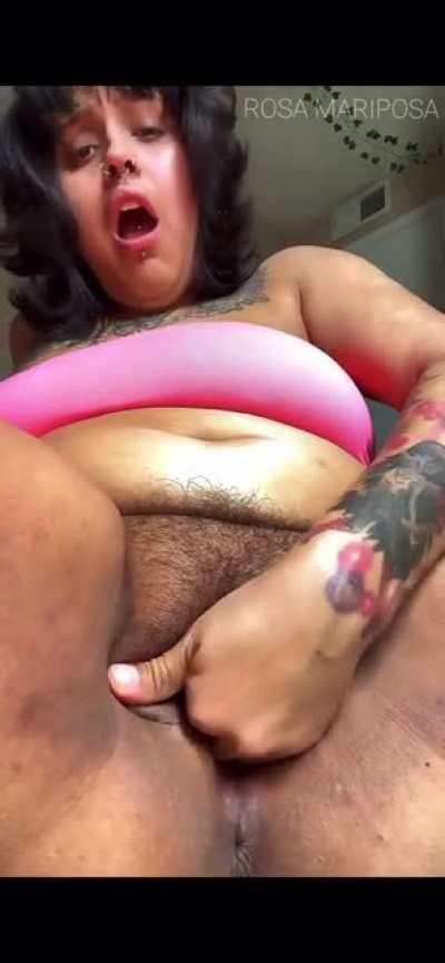 Spreading that hairy pink pussy & putting all her fingers inside