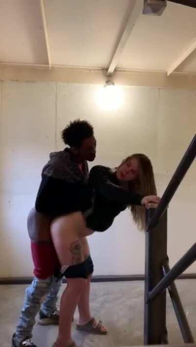 Fucking his girlfriend on the stairway