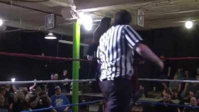 Crazy Mary Dobson enjoys being crotched on the turnbuckle