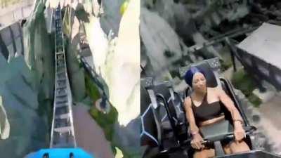 Sasha Banks riding the Jurassic World VelociCoaster at Universal Studios Orlando
