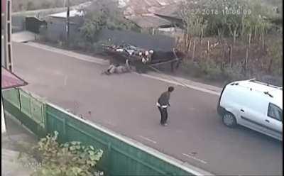 A horse tethered to the back of a motorized vehicle seems like a bad idea all around...