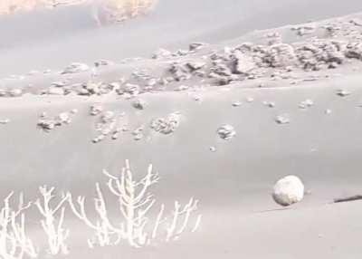 Lava bomb thrown by La Palma Volcano kilometers away.