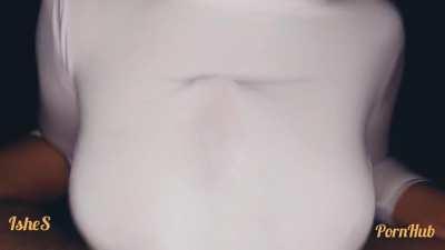 Quick tug before she blankets cock up her top to finish the job