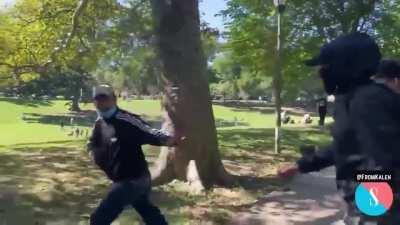 Liberal/Anarcho-Democrat antifa-militant tries to kick the ass of a political enemy, falls on his own ass instead