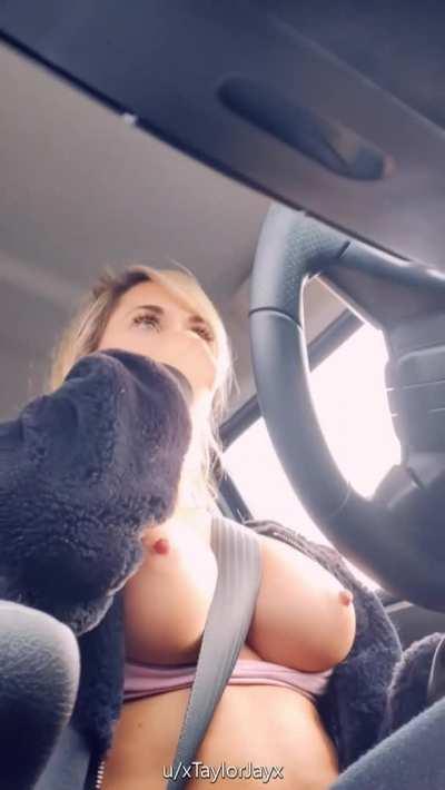 Taylor Jay driving stick and dropping tits