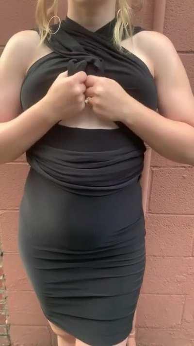 Public Birthday flash from my wife. Do you like her big tits?