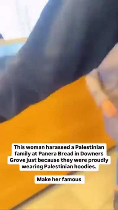 a family visits Panera Bread wearing hoodies in support of Palestine gets accosted by a crazy lady.