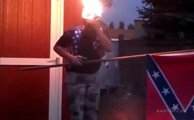 Sets his head on fire