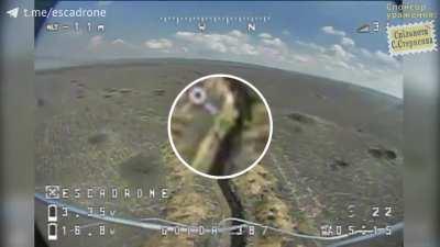 The lonely and horrified Russian soldier in his fortified trench was being targeted by a Ukrainian kamikaze drone.