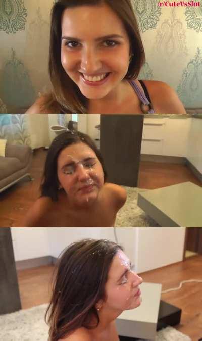 Cute face getting drenched seen from two perspectives