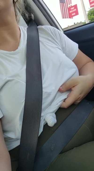 flashing my tits leaving the bank [GIF]