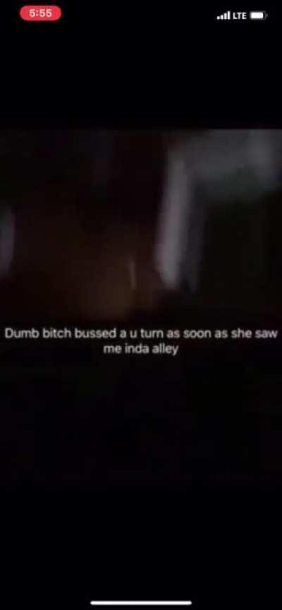 Scrote chases woman down an alley hollering and saying “come here” aggressively. Proceeds to call the woman racist for being scared, along with “dumb bitch” a few times.