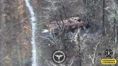A group of Russian soldiers attempted to hide inside a destroyed BTR, but were taken out by an FPV Kamikaze drone in the Avdiivka area
