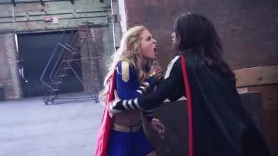 Blonde heroine succumbs to villains belly punching and c-busting.