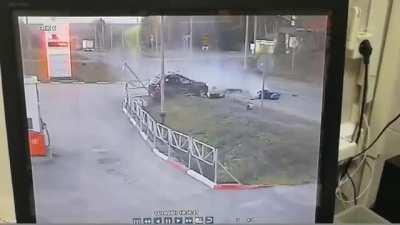 Head-on crash between car and motorcycle. Two people died.