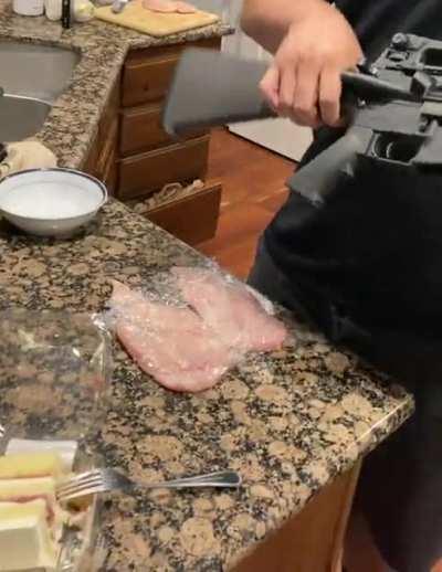 We couldn’t find the meat tenderizer so we had to make do.