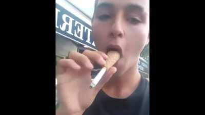 WCGW Smoking a Cigarette Through a Loose Ice Cream Cone