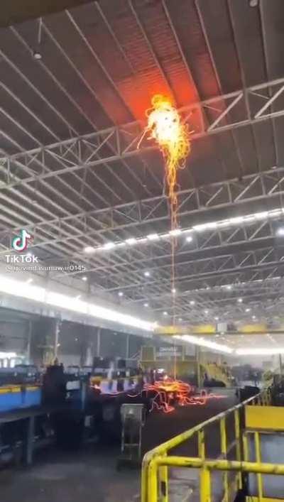 Incoming molten metal gets jammed in a rolling mill forcing the rest of the stock into the rafters (March 5 2021)