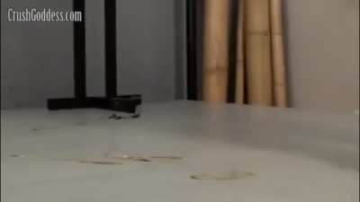 Sexy goddess with wooden heels crushes mercilessly and makes her tiny victims explode