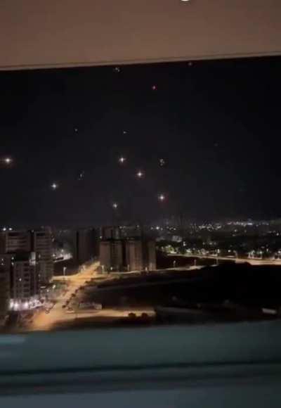 Iron Dome intercepting a rocket barrage just above Ashkelon city, October 2023, Israel