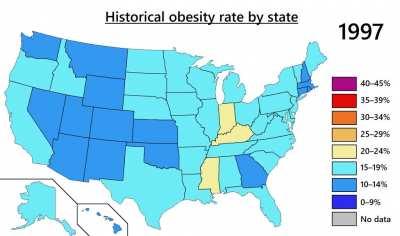 [OC] Obesity rate in the United States (1985–2020)