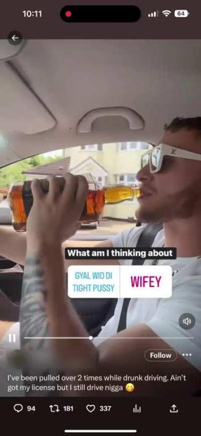 he’s so unconcerned and proud of driving drunk that it’s his pinned tweet, doesn’t even have a license